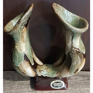 Dryden Arkansas Pottery Brown Green Drip Glaze Double Vase Earth Tone Organic